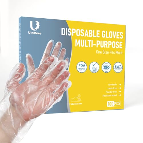 U‘NMEEE 100 PCS Disposable PE Gloves - Clear/White Plastic, Food