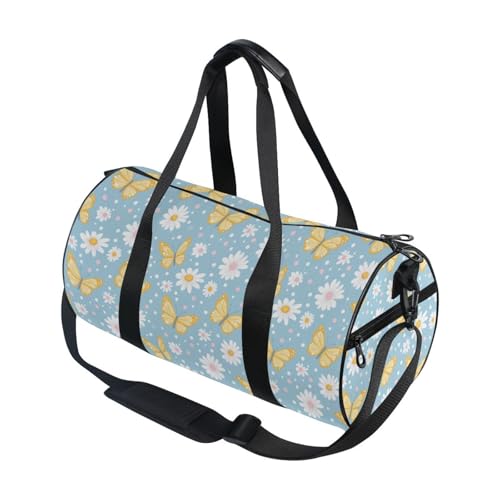 Daisy Butterfly Sports Duffel Bag Full Print Durable Barrel Gym Bag with Large Capacity, Adjustable Strap and Side Zippered Pocket for Fitness Sports Training and Travel