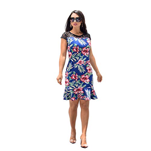 Vestido Feminino Tubinho Midi Festa Renda Moda Evangélica (M, Azul) - XJ9131