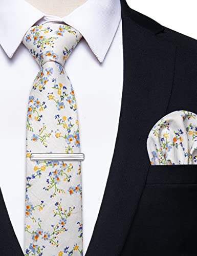 Image of YourTies Cotton Floral Tie for Men 2.5 inch Printed Skinny Necktie Pocket Square Tie Clip Set Flower Wedding Party Groom