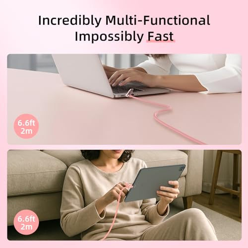 Image of MFish 4-in-1 Fast Charging Cable, 6.6FT 240W PD 3.1 USB-A /USB-C to USB-C & Lightning, Silicone Multi Charging Cable with Case, CarPlay Compatible, for iPhone 17 /16 Series, MacBook, iPad, Pink