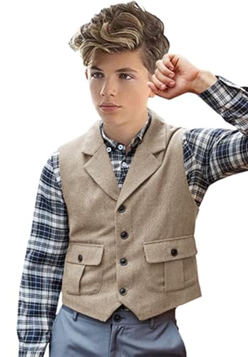 Boys Tweed Vest Retro Herringbone Kids Suit Vest with Pocket Toddler Sleeveless Waistcoat4