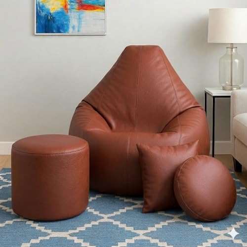 Image of XXL Bean Bag Cover, Teardrop Shape, Faux Leather, with Footstool and Cushions, 106x87x65 cm, Adult (TAN, XXL, Solid)