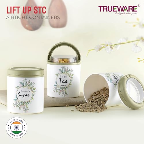 Image of Trueware Lift Up Sugar Tea Coffee Container|Set Of 3| Olive Green|Container|750 Ml Each|Air Tight|Bpa Free|100% Food Grade|Odour Proof|Kitchen Storage|Kitchen Accessories |Plastic,