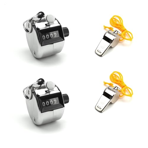 KINHARD Contador Manual, 2 Piezas de Metal Contador de Personas, 4 Dígitos Portátil Contadores de Metal, Contadores Mecánicos de Clic con Silbato, para Restaurantes, Almacenes, Estadios