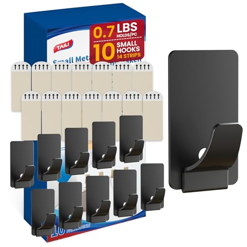 Image of TAILI Hooks for Hanging 10 Metal Sticky Hooks and 14 Adhesive Strips Black | Stainless Steel Hooks for Painted Wall, No Damage Small Adhesive Hooks, Removable & Reusable for Kitchen, Home Storage