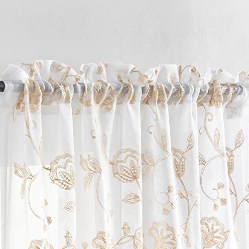 Image of Embroidery Sheer Curtains Beige 95 Inches, Floral Pattern Window Treatments Rod Pocket Drapes for Living room, Bedroom, Semi Voile Curtain Panels for Yard, Patio, Villa, Parlor, Set of 2, 52 inchx 95 inch.