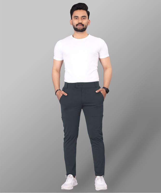 Image of MiraMichi Men's Slim Fit Stretchable Casual Mid Rise Trousers | Stylish Lycra Blend Pants for Office, Party