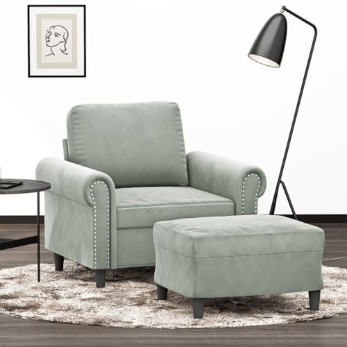 mzdioop Sessel mit Hocker Hellgrau 60 cm, Samt Polstersessel mit Fußhocker, Bequemer Relaxsessel für Wohnzimmer, Schlafzimmer, Büro, Robuste Wohnzimmer Möbel