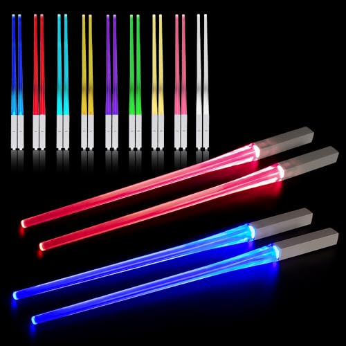 CJBIN Palillos Iluminados, 2 Pares Lightsaber Chopsticks Con 9 Modos de Color, Luminosos Sin BPA, Led, Reutilizables, Lavable a Máquina, Espada Láser Para Cocina y Fiesta