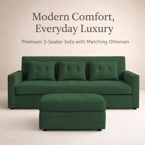 Image of Emilio 3 Seater with Ottomon Pull-Out Sofa Cum Bed (Green Color) Premium Fabric Sofa Set for Living Room | Bedroom