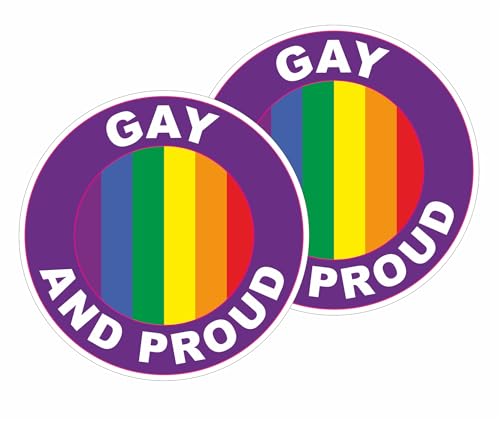 Image of Gay and Proud Rainbow Pride Flag Stickers, Vinyl, Self Adhesive, 97mm x 97mm, Pack of 2