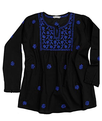 Ayurvastram Lisa Pure Cotton Hand Emb Boho Top: Blue Emb on Black 1X
