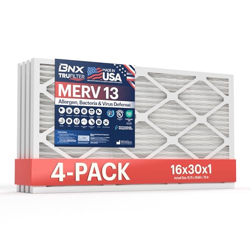 BNX TruFilter 16x30x1 Air Filter MERV 13 (4-Pack) - MADE IN USA - Electrostatic Pleated Air Conditioner HVAC AC Furnace Filters for Allergies, Pollen, Mold, Bacteria, Smoke, Allergen, MPR 1900 FPR 10