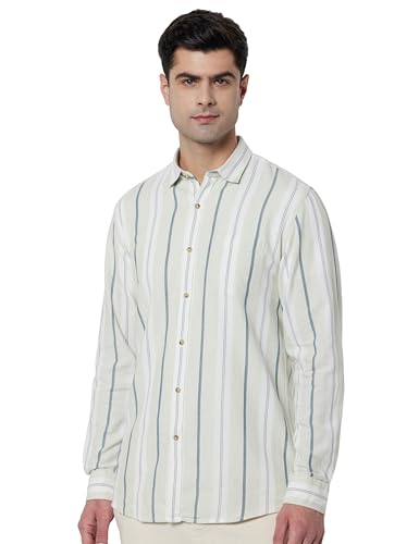Image of Peter England Men's Linen Blend Shirt | Subtle Stripes | Full Sleeves