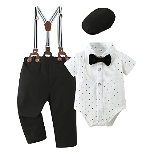 Image of YUEMION Baby Boy Clothes Set Infant Tuxedo Long Sleeve Gentleman Suit Outfits + Beret Hat + Suspender Pants + Bowtie(L White - short sleeve, 6-12 Months)