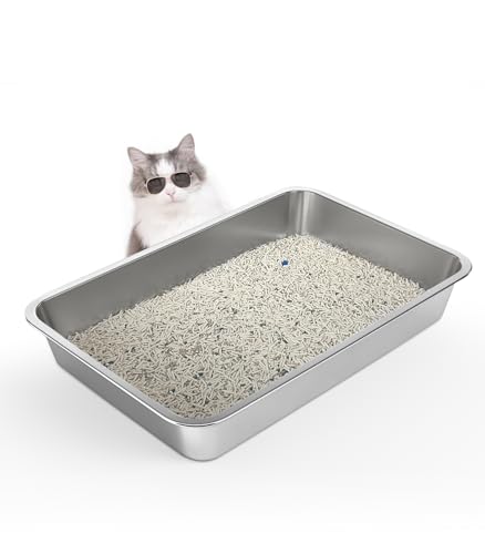 WENBOKMIN Stainless Steel Cat Litter Box, 4in Shallow Litter Box for Senior Cats and Kittens, Extra...
