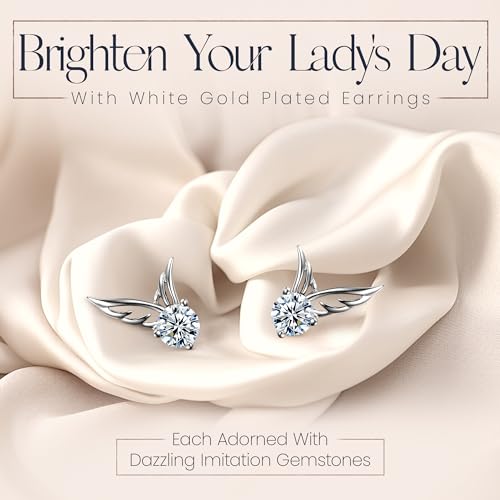 Crystalline-Azuria-Mujer-18ct-Chapado-en-Oro-Blanco-Alas-de-Angel-Blanco-Cristales-Pendientes-de-tuerca-para-Mujer-y-Nina
