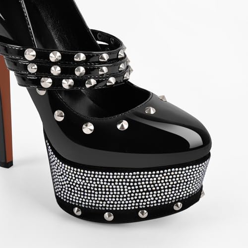 onlymaker Close Toe Stiletto Platform Mary Jane Pumps for Women Triple Buckle up Rivet Studded Strappy Party Shoes3