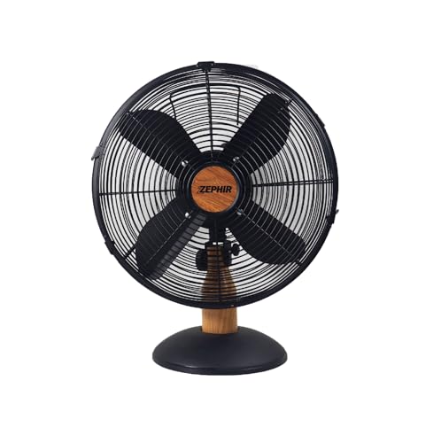 Zephir, Ventilatore da tavolo in metallo da 40cm, 4 Lame in alluminio nere, Griglia a spirale in allumio nero, Oscilazione automatica, colore nero più rifinuture effetto legno