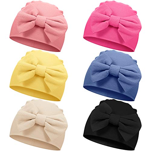 Geyoga 6 Pcs Newborn Hats Baby Beanie Cotton Hats Soft Newborn Baby Cap with Cute Bow for 0-6 Months Girls Unisex Baby