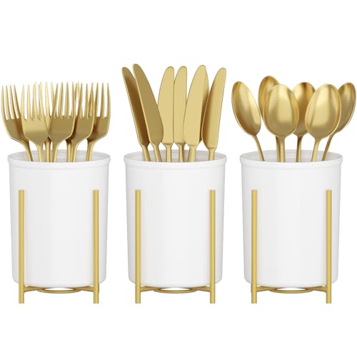 Lifewit Organizador de cubiertos 3 Piezas con Soporte de Metal Dorado, Portacubiertos para Bandeja de Cocina, Cesta de Plástico para Cubiertos Tenedores, Portacubiertos de Cocina Camping/Fiestas