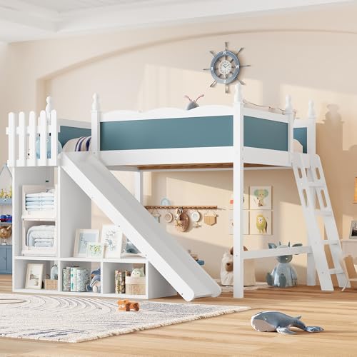 Image of Full Size Loft Bed with Storage Shelves, Cabinet & Detachable Slide and Ladders, Solid Wood Kids Loft Bed for Space-Saving, Playful & Organized Bedroom (Blue+Light White2, Full)