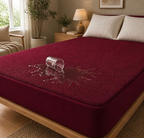 Image of Premium Waterproof Mattress Protector Cover Single Bed | Breathable Terry Cotton Bed Protector, Single Bed (72 X 36, 6 X 3 Feet - 2 to 10 inch - Maroon)