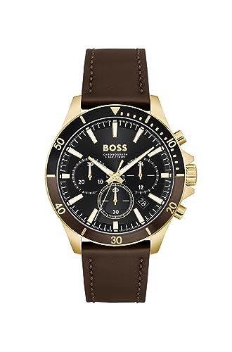 BOSS Troper Qtz Fashion Chrono Black Round Dial Mens Watch|Dark Brown Leather Material|Brown Color Band - 1514100 (B0CJ5DTSQ5) Amazon Price History, Amazon Price Tracker