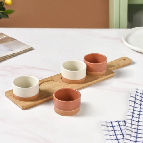 Image of Nestasia Ceramic Serving Platter Set of 5 | 4 Small Ceramic Snack Bowls with 1 Bamboo Wood Tray | 100% Food Safe Tray Set - Perfect for Serving Dips, Dry Fruits & Snacks