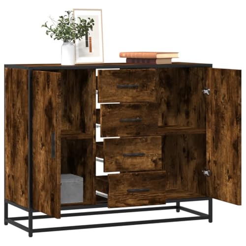 GeenYuu Aparador de madera de roble ahumado, 92 x 35 x 76 cm, 4 compartimentos, 4 cajones, estructura de metal, espacio de almacenamiento para salón, pasillo, dormitorio