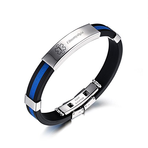 LiFashion CL Men's Stainless Steel Blue Silicone Wristband Medical ID Fibromyalgia Alert Bracelet Sos Emergency