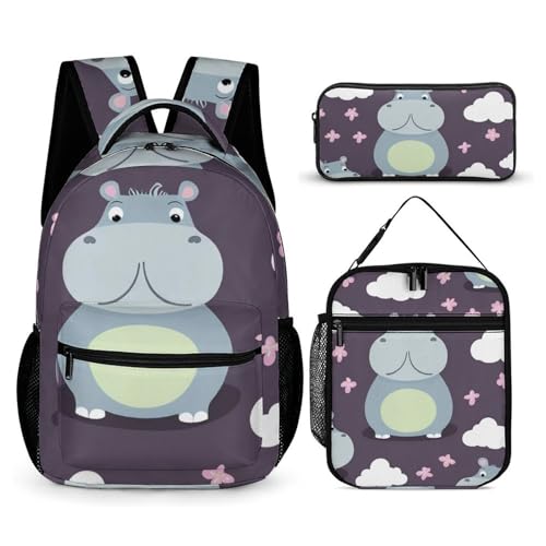 Backpack Bookbag Set Backpack with Lunch Box and Makeup Bag Travel Bookbag Daypack Set (Lovely Hippo)