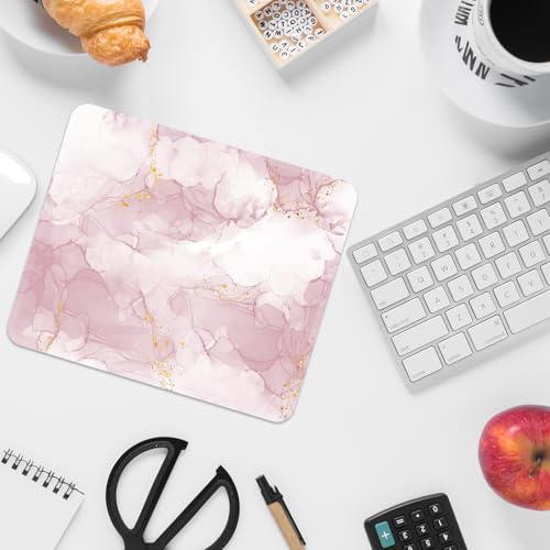 Image of Square Mouse Pad with Stitched Edge, Premium Mousepad Washable Cloth. Computer Mouse Pad with Non-Slip Rubber Base, Mouse Pads for Computers Laptop Mouse 9.25x7.75x0.12 inch-Pink Marble