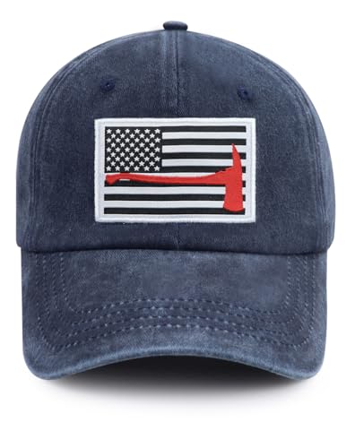 Image of Red Line Firefighter Axe USA Flag Hats for Men Women, Funny Adjustable Cotton Embroidered Baseball Cap
