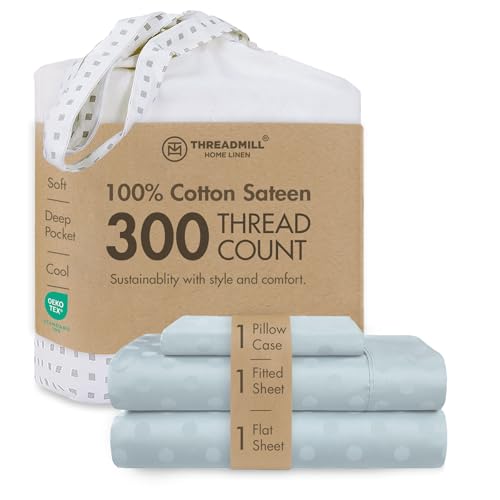 Image of Threadmill 300TC Cotton Twin Sheet Set, Sateen, Jacquard, Light Blue | 100% Cotton, Sateen Weave, Jacquard Pattern, 3-Piece Set, 16 inch Deep Pocket, Cooling, Breathable, OEKO-TEX Certified