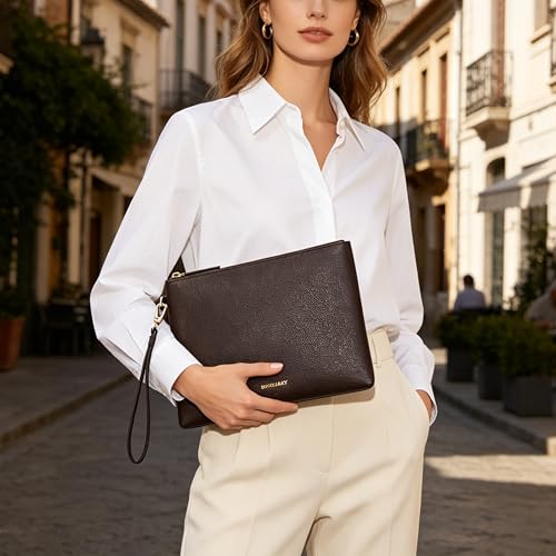 Image of DORIS&JACKY Women Leather Clutch Purse and Phone Wallet with Wristlet Strap | Soft Designer Evening Party Bag, Thin Slim RFID Blocking Cellphone Pouch Case, Formal Casual Handheld Premium Little Purse