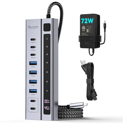 Minisopuru Powered USB C Hub, 9-in-1 USB C Hub Support Max 45W Charging with 72W Power Adapter...
