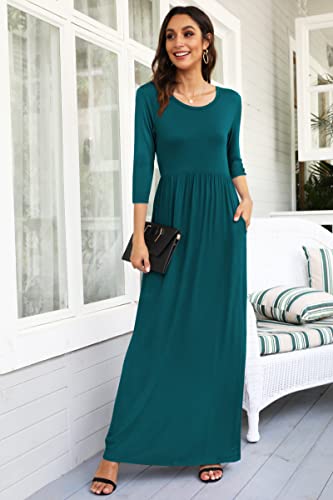 Image of WNEEDU Women's 3 /4 Sleeve Casual Loose Long Maxi Dresses with Pocket | Empire Elastic Waist, Crewneck, Floor Length, Soft Stretchy Flowy, Formal Dress, Wedding Wear, Solid Color and Prints