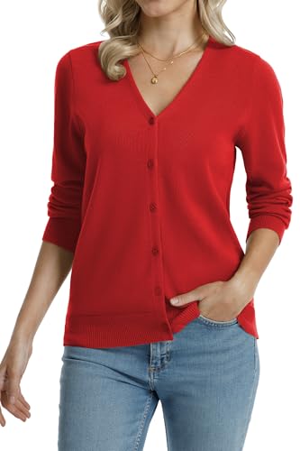 Image of QUALFORT Women's 100% Cotton Lightweight Cardigans Long Sleeve Knitted Button Down Sweater