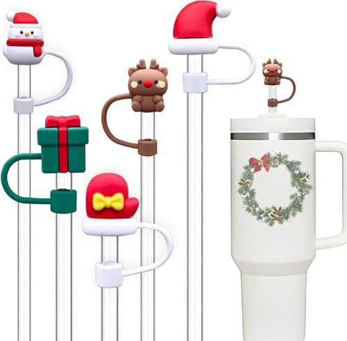 5PCS Christmas Limited Straw Covers, Xmas 10mm Straw Toppers for Tumblers Silicone Tips Stanley Accessories (Xmas_10mm)