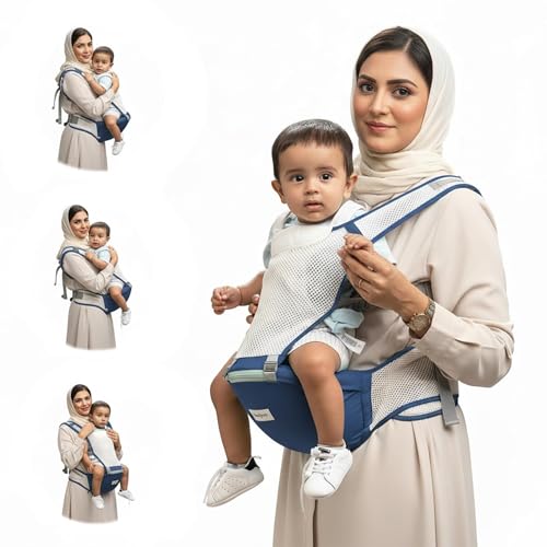 Image of BAYBEE Baby Carrier for 0 to 3 Years with Hip Seat, Breathable Mesh Fabric, 6-in-1 Carry Positions, Adjustable Shoulder Straps & Waist Belt, Max Weight Up to 15 Kgs, Newborn to Toddler Carrying Bag (Blue)
