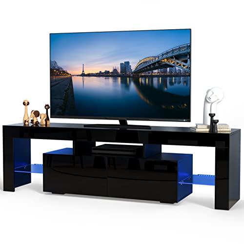 gerFogoo Glossy Led TV Stand Entertainment Center for 55 Inch TV, Modern TV & Media Console Table with Storage Drawer, Flat Screen TV Cabinet, Gaming Consoles for Living Room(63 Inch Black)