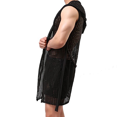 Men's Sexy Hooded Sleeveless Robes Bathrobes Mesh See-Through Lingerie Sleepwear Pajamas(Black L) #TOP3