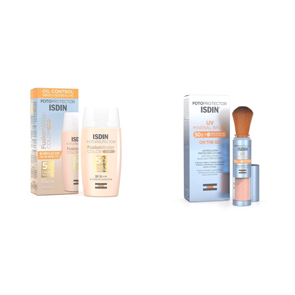 ISDIN Fotoprotector Fusion Water Color Light SPF 50 + Fotoprotector Uv Mineral Brush Spf 50+, Protector Solar Facial De Uso Diario On The Go, 2 G