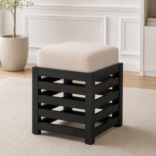 Image of Multipurpose Wooden Puffy with Footrest, Dressing Table, and Solid Wood Stool with Cushion for Living Room, Bedroom, Balcony, etc. (Black)