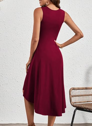 Happy Sailed Women'S Summer Sleeveless Ruched Waist Flowy A Line High Low Midi Cocktail Party Dress Burgundy Medium thumb #1
