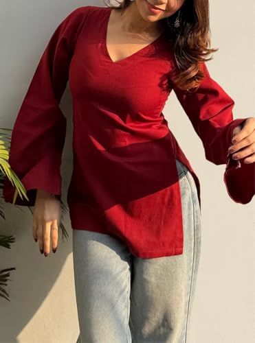 Image of ANNI Designer Short Kurti for Women Solid Design | V Neck Full Sleeve Kurti Tops for Women | Stylish Kurtis & Short Kurtis for Woman | Casual Kurti with Jeans | Kurtas for Woman