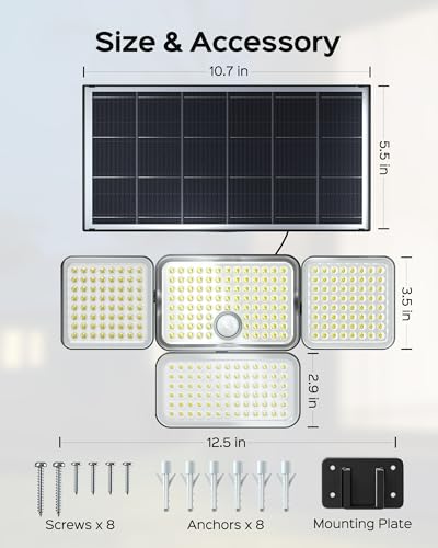 JACKYLED Solar Lights Outdoor, 4000mAh Security Lights with Larger Solar Panel & 16.4FT Cable, 4-Head Motion Sensor Lights with Remote Control, IP65 Waterproof 270° Wide Flood Wall Lights (2 Packs) - Thumbnail 7