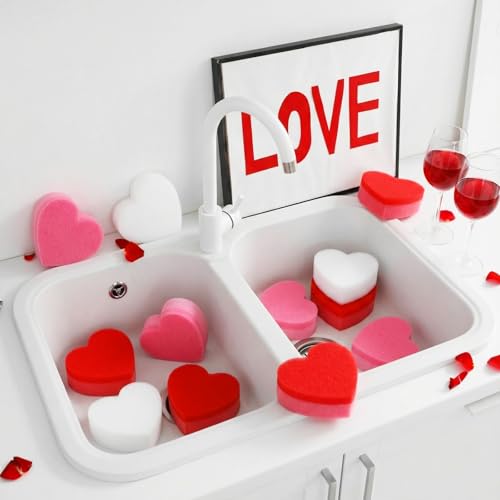 Image of Tioncy 12 Pack Heart Kitchen Sponges Bulk Dual Sided Scrubber Sponges Dishwashing White Pink Kitchen Cleaning Accessories for Household Supplies